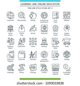 Learning and online education icons set. Modern icons on theme knowledge, scince, teaching, school and university. Thin line design icons collection. Vector illustration