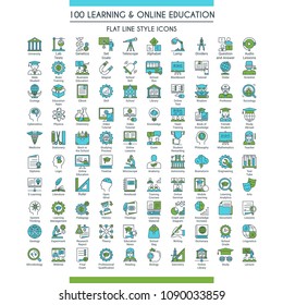 Learning and online education icons set. Modern icons on theme knowledge, scince, teaching, school and university. Flat line design icons collection. Vector illustration