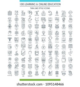 Learning and online education icons set. Modern icons on theme knowledge, scince, teaching, school and university. Thin line design icons collection. Vector illustration