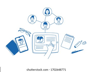 Aprender en línea, e-learning, conexión con diferentes personas. Computadora Tablet, aprendizaje remoto: lugar de trabajo ideal en el hogar. Dibujos de ilustraciones vectoriales, concepto de dibujo de líneas delgadas