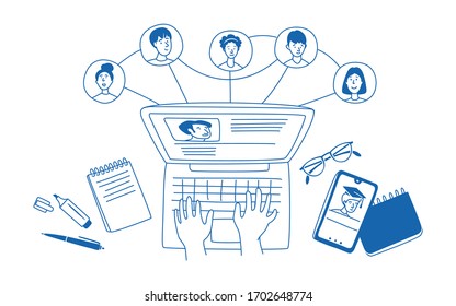 Learning online, e-learning, connection with different people. Laptop, notebook, remote learning- ideal home workplace. Vector illustration doodles, thin line art sketch style concept