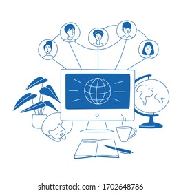 Learning online, e-learning, connection with different people. Monoblock computer monitor, remote learning- ideal home workplace. Vector illustration doodles, thin line art sketch style concept