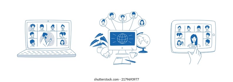 Learning online, e-learning, connection with different people. Monoblock computer monitor, remote learning- ideal home workplace. Vector illustration doodles, thin line art sketch style concept