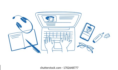 Learning Online, E-learning Video Call Chat With Class. Laptop, Notebook, Remote Learning- Ideal Home Workplace. Vector Illustration Doodles, Thin Line Art Sketch Style Concept