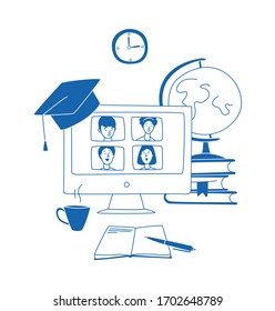 Learning online, e-learning video call chat with class. Monoblock computer monitor, remote learning- ideal home workplace. Vector illustration doodles, thin line art sketch style concept