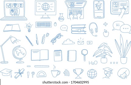 Learning online, e-learning video call chat with class. Laptop, notebook, remote learning- ideal home workplace. Vector illustration doodles, thin line art sketch style concept