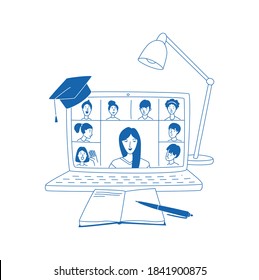 Learning online, e-learning video call chat with class. Laptop computer monitor, remote learning- ideal home workplace. Vector illustration doodles, thin line art sketch style concept