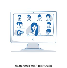 Learning online, e-learning video call chat with class. Monoblock computer monitor, remote learning- ideal home workplace. Vector illustration doodles, thin line art sketch style concept