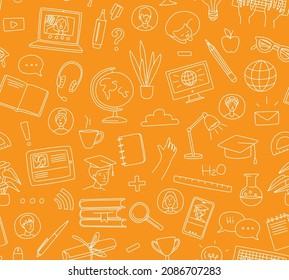 Learning online, e-learning video call chat with class. Laptop, notebook, remote learning- ideal home workplace. Vector illustration doodles, thin line art sketch style concept