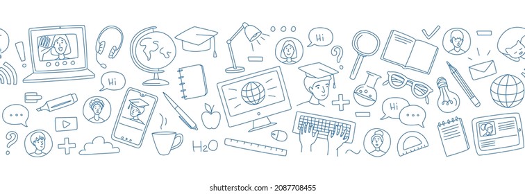 Learning online, e-learning video call chat with class. Laptop, notebook, remote learning- ideal home workplace. Vector illustration frame border seamless pattern doodles, thin line art sketch style c