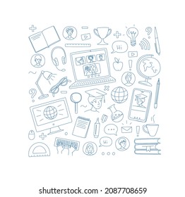 Learning online, e-learning video call chat with class. Laptop, notebook, remote learning- ideal home workplace. Vector illustration frame border square shape doodles, thin line art sketch style conce