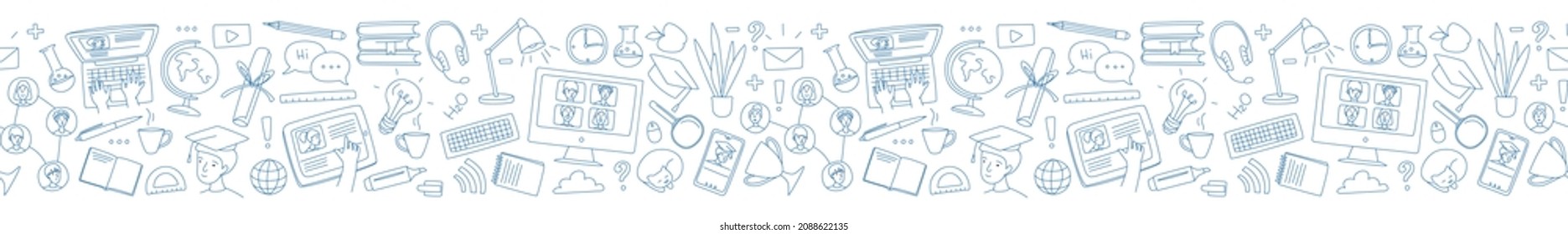 Learning online, e-learning video call chat with class. Laptop, notebook, remote learning- ideal home workplace. Vector illustration frame border seamless pattern doodles, thin line art sketch style c