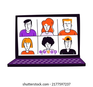 Learning online, e-learning video call chat with class. Monoblock computer monitor, remote learning- ideal home workplace. Vector illustration doodles, thin line art sketch style concept