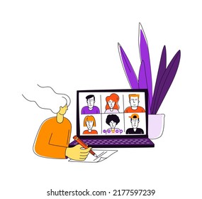 Learning online, e-learning video call chat with class. Monoblock computer monitor, remote learning- ideal home workplace. Vector illustration doodles, thin line art sketch style concept
