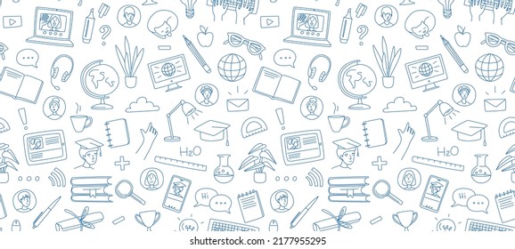 Learning Online, E-learning Video Call Chat With Class. Laptop, Notebook, Remote Learning- Ideal Home Workplace. Vector Illustration Doodles, Thin Line Art Sketch Style Concept