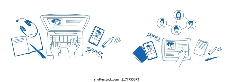 Learning online, e-learning video call chat with class. Laptop, notebook, remote learning- ideal home workplace. Vector illustration doodles, thin line art sketch style concept