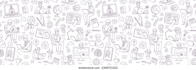 Learning online, e-learning video call chat with class. Laptop, notebook, remote learning- ideal home workplace. Vector illustration doodles, thin line art sketch style concept