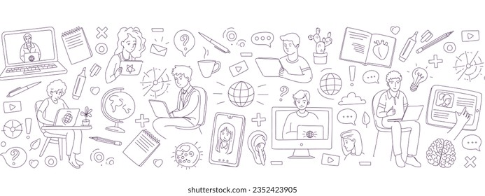 Learning online, e-learning video call chat with class. Laptop, notebook, remote learning- ideal home workplace. Vector illustration doodles, thin line art sketch style concept