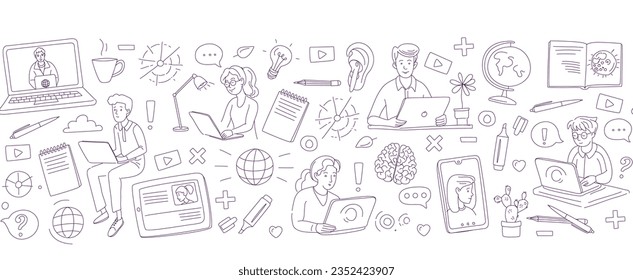 Learning online, e-learning video call chat with class. Laptop, notebook, remote learning- ideal home workplace. Vector illustration doodles, thin line art sketch style concept