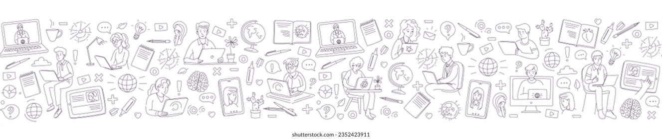 Learning online, e-learning video call chat with class. Laptop, notebook, remote learning- ideal home workplace. Vector illustration doodles, thin line art sketch style concept