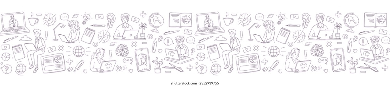 Learning online, e-learning video call chat with class. Laptop, notebook, remote learning- ideal home workplace. Vector illustration doodles, thin line art sketch style concept