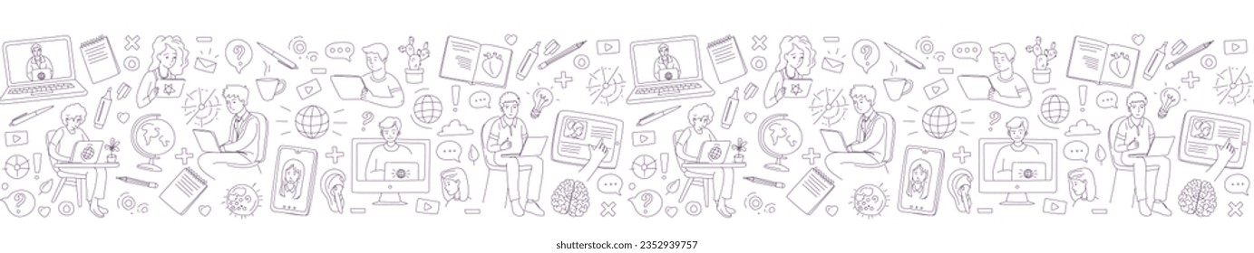Learning online, e-learning video call chat with class. Laptop, notebook, remote learning- ideal home workplace. Vector illustration doodles, thin line art sketch style concept