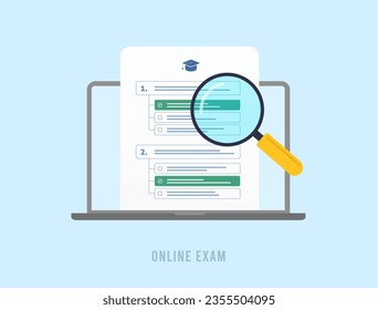 Learning with Online Exam, Internet Quiz and Surveys. Distant Education and E-Learning Experience. Online exam vector illustration isolated on white background with icons