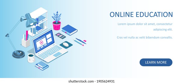 Learning online at home. Isometric composition with laptop and books. E-learning banner. Web courses or tutorials concept. Distance education flat vector illustration.