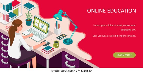 Learning online at home. Student sitting at desk and looking at laptop. E-learning banner. Web courses or tutorials concept. Distance education flat isometric vector illustration.