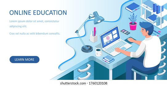 Learning online at home. Student sitting at desk and looking at laptop. E-learning banner. Web courses or tutorials concept. Distance education flat isometric vector illustration.