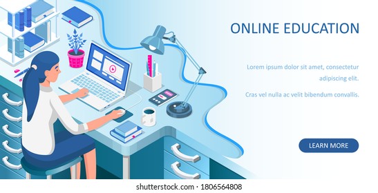 Learning online at home. Student sitting at desk and looking at laptop. E-learning banner. Web courses or tutorials concept. Distance education flat isometric vector illustration.