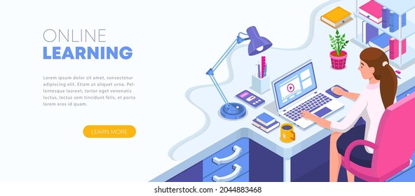 Learning online at home. Student sitting at desk and looking at laptop. E-learning banner. Web courses or tutorials concept. Distance education flat isometric vector illustration.
