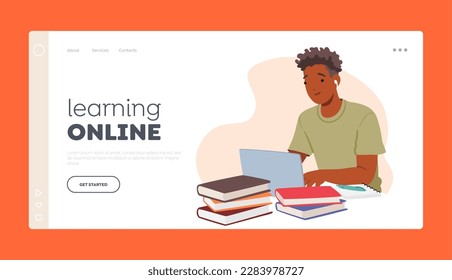 Plantilla de página de inicio en línea de aprendizaje. Personaje de niño estudiante sentado en la mesa con portátil, papeles y libros de texto. Concepto de regreso a la escuela o al aprendizaje universitario. Ilustración de vectores de personas de caricatura