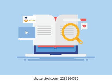 Aprendiendo cursos de marketing en línea, tutoriales de marketing digital, certificación SEO en línea -fondo de ilustración vectorial con iconos