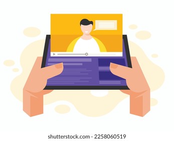 Learning online on tablet. Hands holding a tablet. Video hosting. Vector graphics