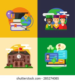 Learning online, students around the world, communicate by internet, university building. Social network. Vector flat illustrations