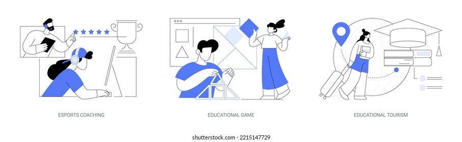 Learning opportunity abstract concept vector illustration set. Esports coaching, educational game and tourism, video games, play and learn, education platform, exchange student abstract metaphor.