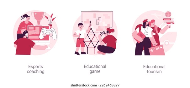 Learning opportunity abstract concept vector illustration set. Esports coaching, educational game and tourism, video games, play and learn, education platform, exchange student abstract metaphor.