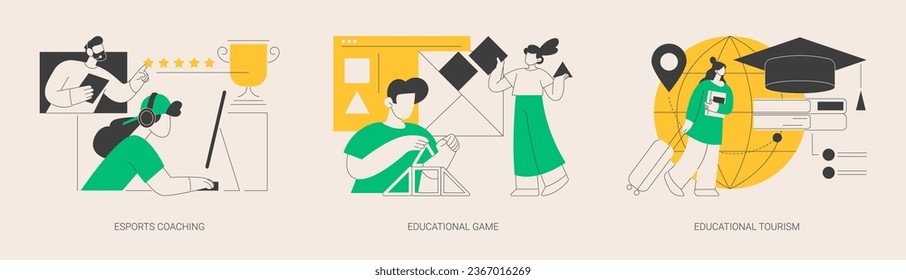 Learning opportunity abstract concept vector illustration set. Esports coaching, educational game and tourism, video games, play and learn, education platform, exchange student abstract metaphor.
