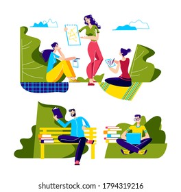 Aprender al aire libre con estudiantes leyendo, entrenando en grupos o cursos en línea en el parque. Concepto de aprendizaje a distancia o de educación a distancia. Ilustración vectorial plana