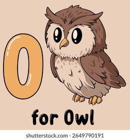 Learning Owl Illustration: Cute cartoon owl next to letter O from the alphabet, as part of educational content