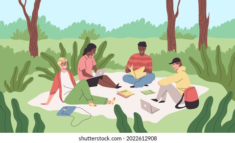 Learning in park. Students sitting on lawn grass in university campus. Guys and girls spend time in nature. People engaged and relax outdoor. Classmates studying together. Vector concept