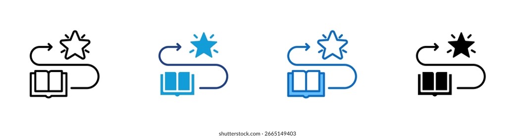 Design de vetor de ícone de estilo múltiplo do plano de aprendizado - Livro com caminho que leva à estrela, simbolizando a jornada de educação e os objetivos de conhecimento