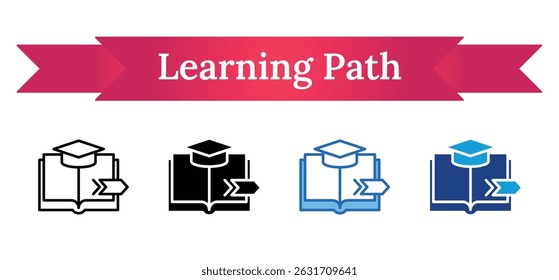 Learning Path - Multi Style Outline, Glyph Silhouette, Blue, Dual Tone Icon - Graduation cap above a book with an arrow, illustrating structured academic and career advancement