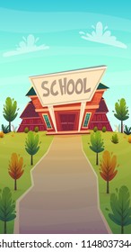 learning path school illustration cartoon bright animation style. vertical poster template open day vector drawing