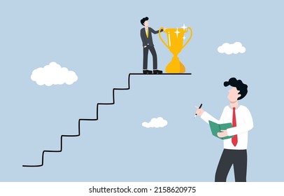 Learning path of success, guidance to advance career or increase skills, researching business insight for development. Businessman intentionally studying stair to being winning investor.