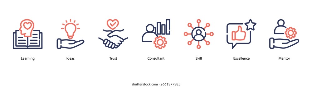 Ilustração vetorial do ícone de banner da Web do Plano de Aprendizagem apresentando Aprendizagem, Ideias, Confiança, Consultor, Habilidade, Excelência e Mentor.
