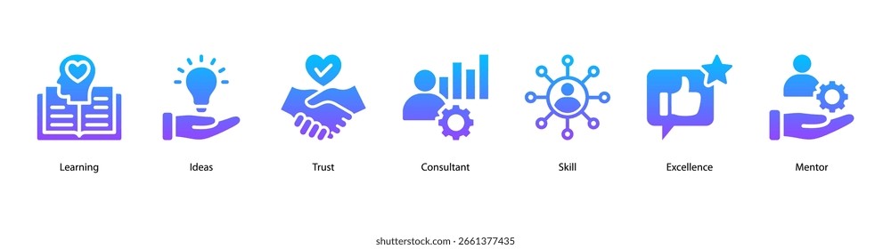 Learning Path web banner icon vector illustration featuring Learning, Ideas, Trust, Consultant, Skill, Excellence, and Mentor.
