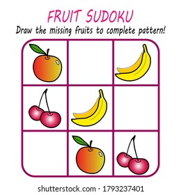 Learning pattern worksheet for kids. Sudoku game - Draw the missing picture.