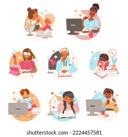 Learning People Character Sitting at Desk with Book and Computer Studying and Gaining Knowledge Vector Set